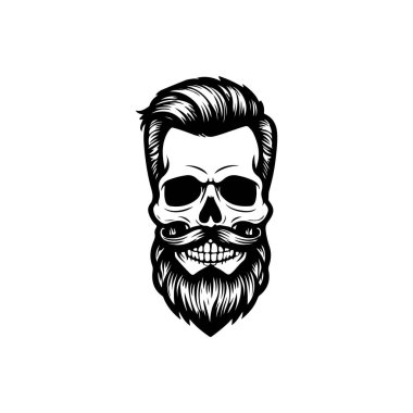Beyaz arka planda izole edilmiş sakallı kafatası tasviri. Berberlerin kafatası. Logo, işaret, poster ve amblem için tasarım elemanı. Vektör illüstrasyonu