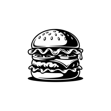 Hamburgerin resmi. Logo, etiket, rozet ve amblem için tasarım elemanı. Vektör illüstrasyonu