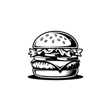 Hamburgerin resmi. Logo, etiket, rozet ve amblem için tasarım elemanı. Vektör illüstrasyonu
