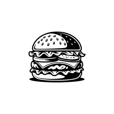 Hamburgerin resmi. Logo, etiket, rozet ve amblem için tasarım elemanı. Vektör illüstrasyonu