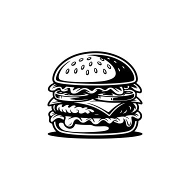 Hamburgerin resmi. Logo, etiket, rozet ve amblem için tasarım elemanı. Vektör illüstrasyonu