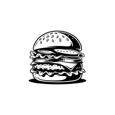 Hamburgerin resmi. Logo, etiket, rozet ve amblem için tasarım elemanı. Vektör illüstrasyonu