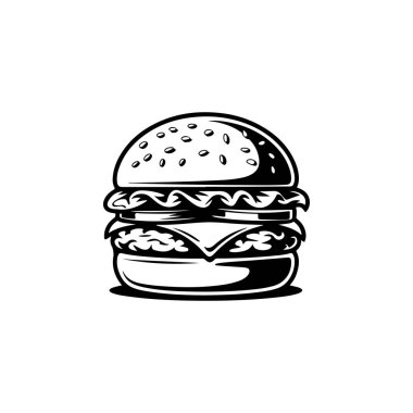 Hamburgerin resmi. Logo, etiket, rozet ve amblem için tasarım elemanı. Vektör illüstrasyonu