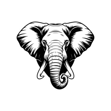 Fil kafası tasviri. Logo, işaret, poster ve amblem için tasarım elemanı. Vektör illüstrasyonu
