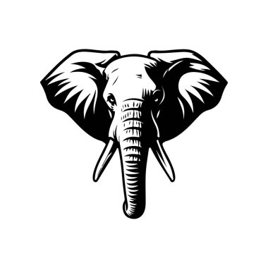 Fil kafası tasviri. Logo, işaret, poster ve amblem için tasarım elemanı. Vektör illüstrasyonu