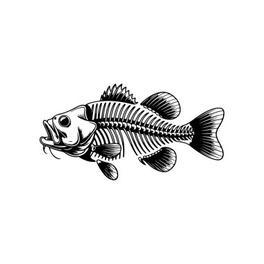 Beyaz arka planda izole edilmiş balık iskeleti tasviri. Amblem, işaret, rozet için tasarım elemanı. Vektör illüstrasyonu