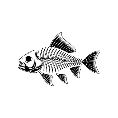 Beyaz arka planda izole edilmiş balık iskeleti tasviri. Amblem, işaret, rozet için tasarım elemanı. Vektör illüstrasyonu