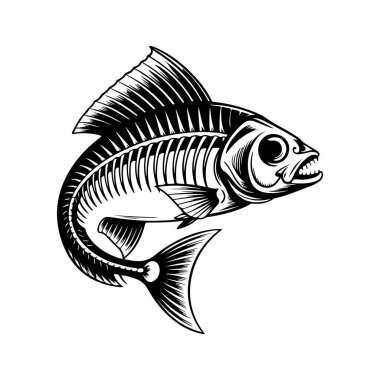 Beyaz arka planda izole edilmiş balık iskeleti tasviri. Amblem, işaret, rozet için tasarım elemanı. Vektör illüstrasyonu