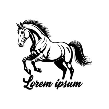 Koşan bir atın siyah beyaz çizimi. Bir atın tek renkli görüntüsü. Logo, işaret, poster ve amblem için tasarım elemanı. Vektör illüstrasyonu