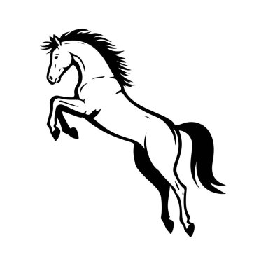 Koşan bir atın siyah beyaz çizimi. Bir atın tek renkli görüntüsü. Logo, işaret, poster ve amblem için tasarım elemanı. Vektör illüstrasyonu