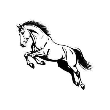 Koşan bir atın siyah beyaz çizimi. Bir atın tek renkli görüntüsü. Logo, işaret, poster ve amblem için tasarım elemanı. Vektör illüstrasyonu