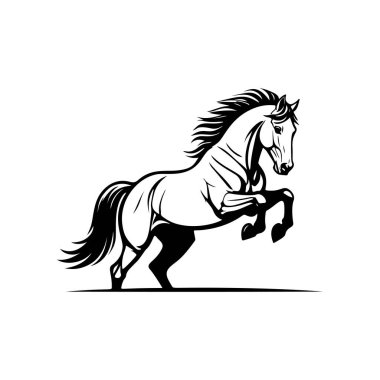 Koşan bir atın siyah beyaz çizimi. Bir atın tek renkli görüntüsü. Logo, işaret, poster ve amblem için tasarım elemanı. Vektör illüstrasyonu