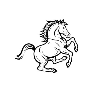 Koşan bir atın siyah beyaz çizimi. Bir atın tek renkli görüntüsü. Logo, işaret, poster ve amblem için tasarım elemanı. Vektör illüstrasyonu