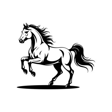 Koşan bir atın siyah beyaz çizimi. Bir atın tek renkli görüntüsü. Logo, işaret, poster ve amblem için tasarım elemanı. Vektör illüstrasyonu