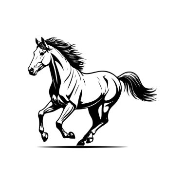 Koşan bir atın siyah beyaz çizimi. Bir atın tek renkli görüntüsü. Logo, işaret, poster ve amblem için tasarım elemanı. Vektör illüstrasyonu