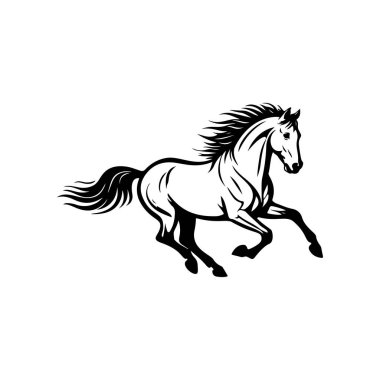 Koşan bir atın siyah beyaz çizimi. Bir atın tek renkli görüntüsü. Logo, işaret, poster ve amblem için tasarım elemanı. Vektör illüstrasyonu