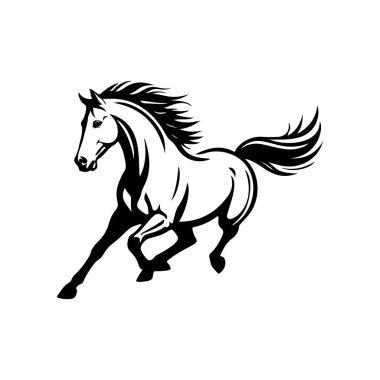 Koşan bir atın siyah beyaz çizimi. Bir atın tek renkli görüntüsü. Logo, işaret, poster ve amblem için tasarım elemanı. Vektör illüstrasyonu