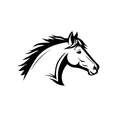Koşan bir atın siyah beyaz çizimi. Bir atın tek renkli görüntüsü. Logo, işaret, poster ve amblem için tasarım elemanı. Vektör illüstrasyonu