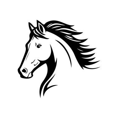 Koşan bir atın siyah beyaz çizimi. Bir atın tek renkli görüntüsü. Logo, işaret, poster ve amblem için tasarım elemanı. Vektör illüstrasyonu
