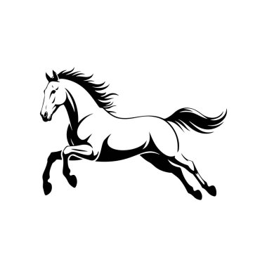 Koşan bir atın siyah beyaz çizimi. Bir atın tek renkli görüntüsü. Logo, işaret, poster ve amblem için tasarım elemanı. Vektör illüstrasyonu