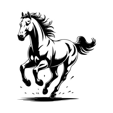 Koşan bir atın siyah beyaz çizimi. Bir atın tek renkli görüntüsü. Logo, işaret, poster ve amblem için tasarım elemanı. Vektör illüstrasyonu