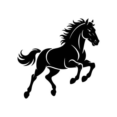 Koşan bir atın siyah beyaz çizimi. Bir atın tek renkli görüntüsü. Logo, işaret, poster ve amblem için tasarım elemanı. Vektör illüstrasyonu