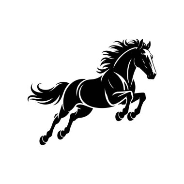 Koşan bir atın siyah beyaz çizimi. Bir atın tek renkli görüntüsü. Logo, işaret, poster ve amblem için tasarım elemanı. Vektör illüstrasyonu