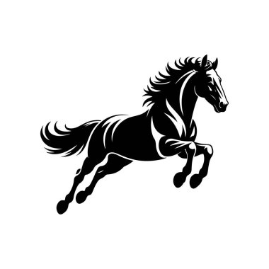 Koşan bir atın siyah beyaz çizimi. Bir atın tek renkli görüntüsü. Logo, işaret, poster ve amblem için tasarım elemanı. Vektör illüstrasyonu