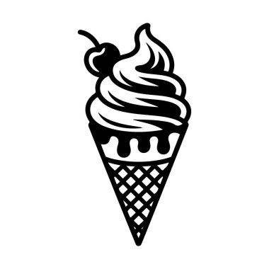 Vişneli dondurma külahının siyah beyaz çizgili sanat simgesi. İllüstrasyonda bir waffle konisi dokusu ve beyaz üzerinde izole edilmiş damlama etkisi yer almaktadır..