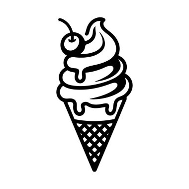 Vişneli dondurma külahının siyah beyaz çizgili sanat simgesi. İllüstrasyonda bir waffle konisi dokusu ve beyaz üzerinde izole edilmiş damlama etkisi yer almaktadır..