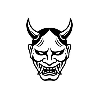 Beyaz arka planda izole edilmiş Japon Hannya maskesi tasviri. Amblem, işaret, poster, rozet tasarımı. Vektör illüstrasyonu