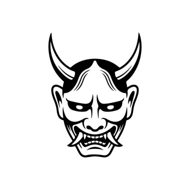 Beyaz arka planda izole edilmiş Japon Hannya maskesi tasviri. Amblem, işaret, poster, rozet tasarımı. Vektör illüstrasyonu