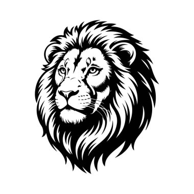 Aslan başı tasviri. Aslan kafalı maskot. Logo, etiket, işaret, poster, kart için tasarım ögesi. Vektör illüstrasyonu