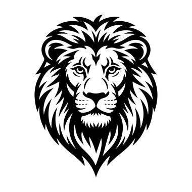 Aslan başı tasviri. Aslan kafalı maskot. Logo, etiket, işaret, poster, kart için tasarım ögesi. Vektör illüstrasyonu