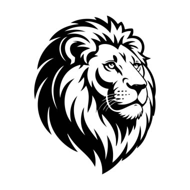 Aslan başı tasviri. Aslan kafalı maskot. Logo, etiket, işaret, poster, kart için tasarım ögesi. Vektör illüstrasyonu