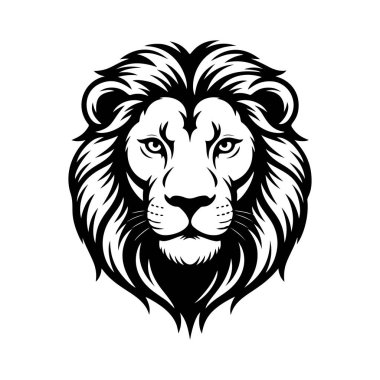 Aslan başı tasviri. Aslan kafalı maskot. Logo, etiket, işaret, poster, kart için tasarım ögesi. Vektör illüstrasyonu
