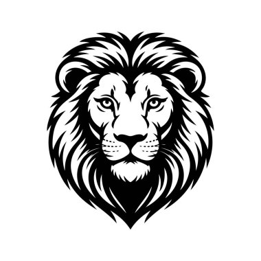 Aslan başı tasviri. Aslan kafalı maskot. Logo, etiket, işaret, poster, kart için tasarım ögesi. Vektör illüstrasyonu