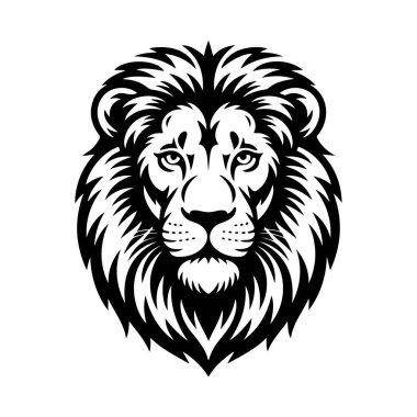 Aslan başı tasviri. Aslan kafalı maskot. Logo, etiket, işaret, poster, kart için tasarım ögesi. Vektör illüstrasyonu