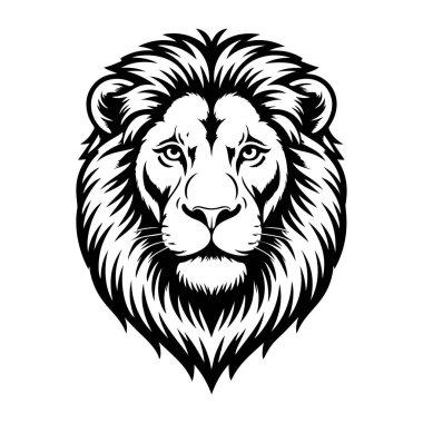 Aslan başı tasviri. Aslan kafalı maskot. Logo, etiket, işaret, poster, kart için tasarım ögesi. Vektör illüstrasyonu