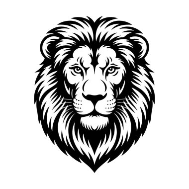 Aslan başı tasviri. Aslan kafalı maskot. Logo, etiket, işaret, poster, kart için tasarım ögesi. Vektör illüstrasyonu