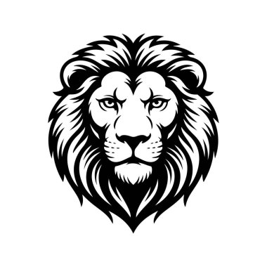 Aslan başı tasviri. Aslan kafalı maskot. Logo, etiket, işaret, poster, kart için tasarım ögesi. Vektör illüstrasyonu