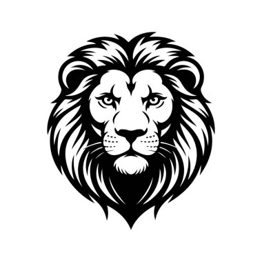 Aslan başı tasviri. Aslan kafalı maskot. Logo, etiket, işaret, poster, kart için tasarım ögesi. Vektör illüstrasyonu