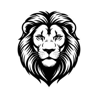 Aslan başı tasviri. Aslan kafalı maskot. Logo, etiket, işaret, poster, kart için tasarım ögesi. Vektör illüstrasyonu