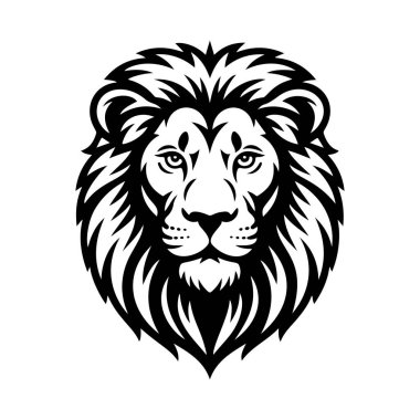 Aslan başı tasviri. Aslan kafalı maskot. Logo, etiket, işaret, poster, kart için tasarım ögesi. Vektör illüstrasyonu