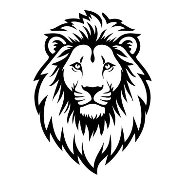 Aslan başı tasviri. Aslan kafalı maskot. Logo, etiket, işaret, poster, kart için tasarım ögesi. Vektör illüstrasyonu