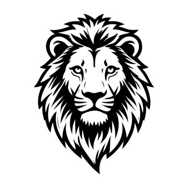 Aslan başı tasviri. Aslan kafalı maskot. Logo, etiket, işaret, poster, kart için tasarım ögesi. Vektör illüstrasyonu