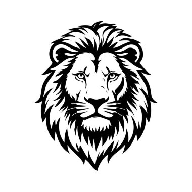 Aslan başı tasviri. Aslan kafalı maskot. Logo, etiket, işaret, poster, kart için tasarım ögesi. Vektör illüstrasyonu