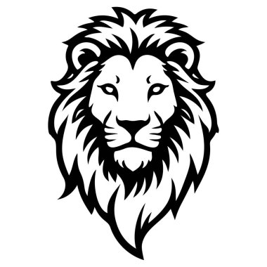 Aslan başı tasviri. Aslan kafalı maskot. Logo, etiket, işaret, poster, kart için tasarım ögesi. Vektör illüstrasyonu