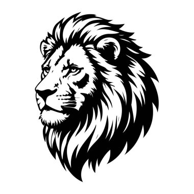 Aslan başı tasviri. Aslan kafalı maskot. Logo, etiket, işaret, poster, kart için tasarım ögesi. Vektör illüstrasyonu