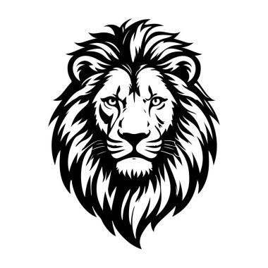Aslan başı tasviri. Aslan kafalı maskot. Logo, etiket, işaret, poster, kart için tasarım ögesi. Vektör illüstrasyonu